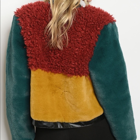 Green Mustard Multicolor Block Lined Faux Fur Jacket - Picture 4 of 9